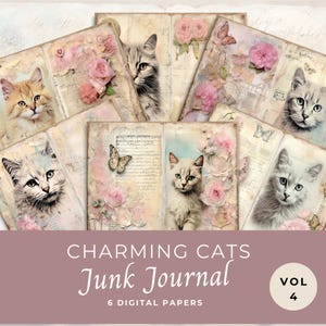 Charming Cat Junk Journal Papers vol 4, Pagine di album di fantasia, 6 pagine di diario digitale, Effimeri stampabili, Foglio di collage 11 x 8,5, JJ008