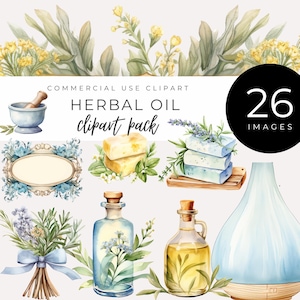 Clipart de óleo de ervas - DOWNLOAD INSTANTÂNEO - Botânicos em aquarela, garrafas de cristal, gráficos de aromaterapia com óleos essenciais, itens efêmeros de diário de lixo