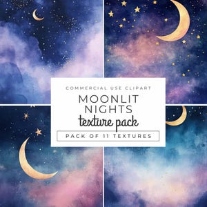 Aquarel maanverlichte nacht texturen INSTANT DOWNLOAD Celestial Starry Sky digitale achtergronden voor scrapbooking, uitnodigingen, tijdschriften en meer