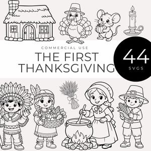Puede incluir: Ilustraciones en blanco y negro de elementos temáticos de Acción de Gracias. Incluye una casa, un pavo, un ratón, una vela, figuras nativas americanas, una mujer peregrina, un niño peregrino y el texto "THE FIRST THANKSGIVING".