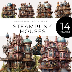 Steampunk House Clipart, Instant Download, Fantasy Mechanical Buildings PNG, Victorian Industrial Art, Clockwork Cat Steampunk Graphics, cog