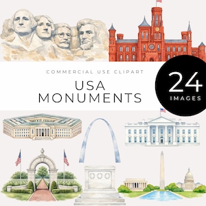May include: Watercolor illustrations of iconic USA monuments, including Mount Rushmore, the White House, the Washington Monument, and the Capitol Building. The image also includes the text "USA MONUMENTS" and "24 IMAGES".