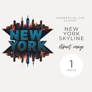 NYC Skyline Clipart INSTANT DOWNLOAD Stadtbild Grafik & Urban Skyline Png mit Hintergrundbeleuchtung, Grunge Text, ideal für Print on Demand, Einladungen
