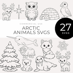 Puede incluir: Ilustraciones en blanco y negro de animales árticos, incluyendo un ciervo, un búho, un iglú, un frailecillo, un narval, un zorro, un buey almizclero, un oso, una morsa y un copo de nieve. El texto dice "Commercial Use Arctic Animals SVGs" y "27 SVGs".