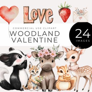 Clipart de la forêt Saint-Valentin, téléchargement immédiat, aquarelles mignons animaux de la forêt, coeurs et fleurs pour scrapbooking, fabrication de cartes, décoration de chambre d'enfant