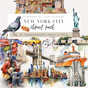 Clipart de aquarela do horizonte de Nova York - DOWNLOAD INSTANTÂNEO - Marcos icônicos de Nova York, horizonte, Estátua da Liberdade e muito mais para artesanato e projetos digitais