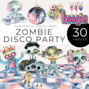 Zombie Disco Party Clipart Sofort-Download Aquarell gruselige Halloween Dance Party, süße untote Kinder, Essen, Getränke, Party Dekoration, lädt ein