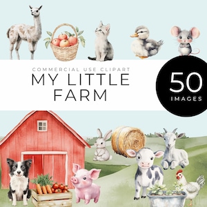 My Little Farm Watercolor Clipart, Instant Download, Cute Barnyard Animals, Tractor, Garden Tools, Harvest Elements, Country Life art PNGs