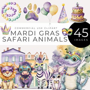 Mardi Gras Safari Tier Clipart Sofortiger DOWNLOAD Aquarell Dschungel Freunde, Perlen & Masken, Einladungen, Kinder Dekor und Basteln, Faschingsdienstag
