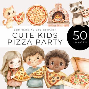 Clipart de coberturas de pizza DOWNLOAD INSTANTÂNEO Ilustrações fofas de comida, decoração e convites para festas de pizza infantil em aquarela, criação de cartões, artesanato DIY