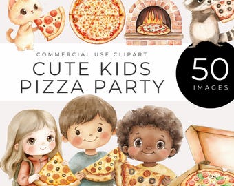 May include: A set of 50 watercolor illustrations featuring cute kids, pizza, and pizza-related items. The illustrations are perfect for creating party invitations, decorations, and other fun projects.  "Cute Kids Pizza Party" is written in the image.