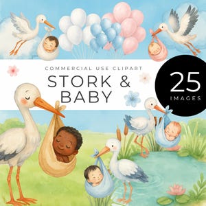 Aquarel ooievaar en baby clipart, instant download, pastel ballonnen, wolken, bloemen en kinderkamerelementen voor babyshower, geboortekaartje