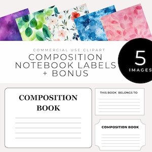 May include: Five watercolor digital papers with floral and leaf designs. The papers are in shades of pink, blue, green, and purple. The papers are labeled "Composition Notebook Labels + Bonus".