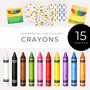 May include: Watercolor illustration featuring a collection of crayons and related designs. The image includes individual crayons in various colors, boxes of crayons, and patterned backgrounds. Text reads "COMMERCIAL USE CLIPART" and "CRAYONS".