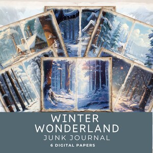 Winter Wonderland Junk Journal Papers DOWNLOAD DIGITALE Foresta innevata e cabina accogliente Pagine di diario artistico, Forniture artigianali per le vacanze e Scrapbooking