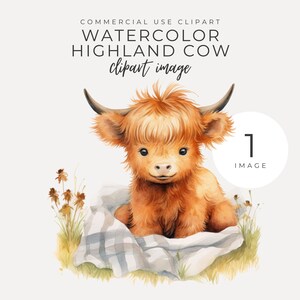 Watercolor Highland Cow INSTANT DOWNLOAD Cute Baby Cow, Farm Animal Picnic Graphic, Transparent Png, Commercial Use