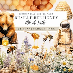 Honing clipartbundel INSTANT DOWNLOAD aquarel hommel & bloemenafbeeldingen, bijenkorf, bijenteelt, beer met honingpot pngs, commercieel gebruik