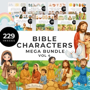 May include: A digital art bundle titled "Bible Characters Mega Bundle Vol 4" featuring 229 images. The artwork includes illustrations of biblical scenes such as Jesus feeding the 5000, Jesus walking on water, and the Sermon on the Mount.