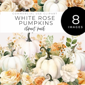 Clipart citrouille blanche et roses TÉLÉCHARGEMENT IMMÉDIAT Fleurs d'automne aquarelles, parfaites pour les invitations de mariage, les décorations de Thanksgiving et les travaux manuels d'automne