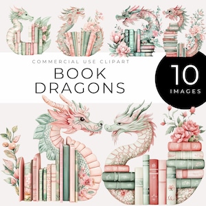 Clipart di draghi di libri ad acquerello, download immediato di creature mitiche ispirate alla fantasia e immagini di libri per scrapbooking, inviti, journaling
