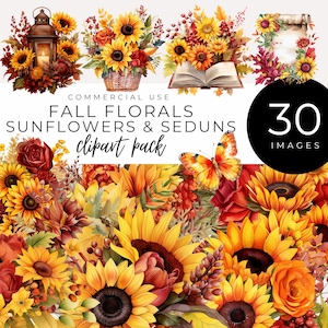 Clipart de flores de outono em aquarela DOWNLOAD INSTANTÂNEO Buquês de flores de outono com girassóis, sedum e folhas de carvalho em amarelo, vermelho, laranja e bordô
