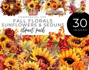 Watercolor Fall Floral Clipart INSTANT DOWNLOAD Autumn Flower Bouquets with Sunflowers, Sedum & Oak Leaves in Yellow, Red, Orange, Burgundy