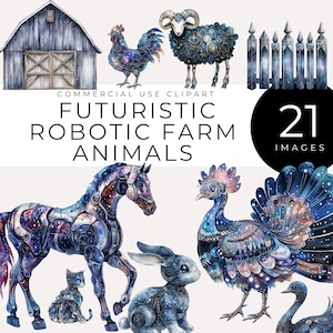 Può includere: Un set di 21 immagini clipart digitali che presentano animali da fattoria robotici futuristici. Le immagini sono in uno stile ad acquerello con un tema galattico. Gli animali includono un cavallo, un gallo, una pecora, un coniglio, un pavone, un gatto e una recinzione.