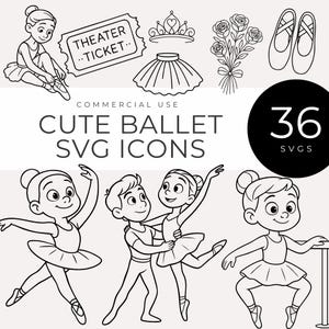 Może przedstawiać: Czarno-białe ikony SVG z ilustracjami o tematyce baletowej. Obraz zawiera baletnicę, baletki, bilet do teatru, koronę, bukiet róż i tekst "CUTE BALLET SVG ICONS". Jest 36 SVG.