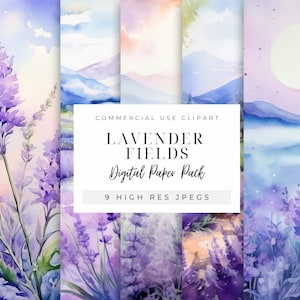 Pacchetto di carta digitale campo di lavanda DOWNLOAD IMMEDIATO Sfondi viola floreali sereni e belli per i tuoi progetti creativi, acquerello