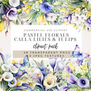 Flores em aquarela pastel - DOWNLOAD INSTANTÂNEO - Imagens de tulipas amarelas, azuis e roxas, copo-de-leite, ramos de oliveira, convites de casamento, decoração de chá de bebê