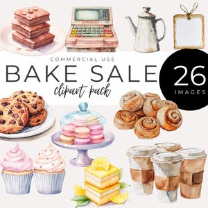 Bak Sale clipart Instant Download Desert Art, aquarel gebakken goederen, prijskaartjes en evenementafbeeldingen voor flyers en decor, bundt cake, taart png