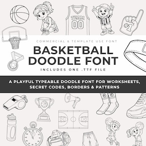 Puede incluir: Ilustraciones en blanco y negro con temática de baloncesto. Incluye una pelota de baloncesto, una camiseta con "TEAM 00", una canasta de baloncesto, un trofeo y el texto "BASKETBALL DOODLE FONT". La fuente es para hojas de trabajo, códigos secretos, bordes y patrones.