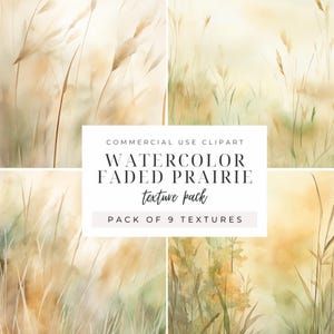 May include: A set of 9 watercolor textures featuring a faded prairie landscape with tall grasses in shades of green, brown, and beige. The textures are perfect for creating backgrounds, patterns, and other designs.