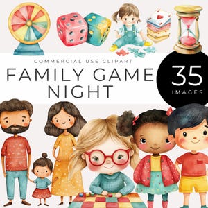 Cute Family Game Night Clipart Instant Download Watercolor Board Games, Dice, Playing Cards, Puzzle Pieces, Family Graphics, Commercial Use