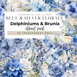 Fiori blu e argento acquerellati DOWNLOAD IMMEDIATO di Delphinium, Brunia e immagini di Dusty Miller, ghirlande floreali, bouquet, farfalle in formato PNG