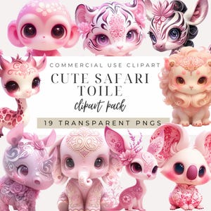 Safari Toile Baby Shower Clipart TÉLÉCHARGEMENT IMMÉDIAT Chinoiserie rose Animaux kawaii Singes, Éléphants, Girafes, Tigres, Lions, Zèbres, Arbres