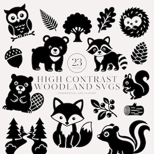 Peut inclure: Une collection d'illustrations graphiques noires sur le thème de la forêt sur fond clair, incluant un hibou, un ours, un raton laveur, un castor, un écureuil, un renard, une mouffette, des arbres, des feuilles et un gland. Texte : HIGH CONTRAST WOODLAND SVGS 23 IMAGES.