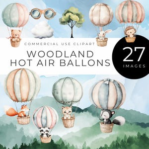 May include: A set of 27 watercolor illustrations of woodland animals riding in hot air balloons. The balloons are various colors and patterns, including blue, pink, green, and brown. The animals include a fox, a raccoon, a hedgehog, a cat, a bunny, and a squirrel.