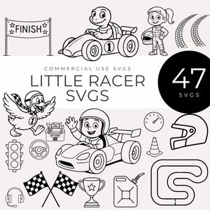 May include: Black and white SVG graphics set featuring racing themes. Includes race cars, a finish line, a turtle driving a race car, a girl with a helmet, a duck in a helmet, checkered flags, and a trophy. The text "LITTLE RACER SVGS" is also present.