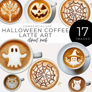 Clipart de Halloween com Latte Art - DOWNLOAD INSTANTÂNEO - Designs assustadores de café, fantasmas, abóboras, teias de aranha e muito mais para cardápios de cafés, decoração de festas e convites