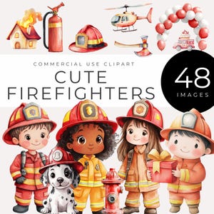 Fire Engine Nursery Clipart Png, Instant Download, Cute Watercolor Firefighter Characters, Firetruck Party Decor for Fireman Crafts, Invites
