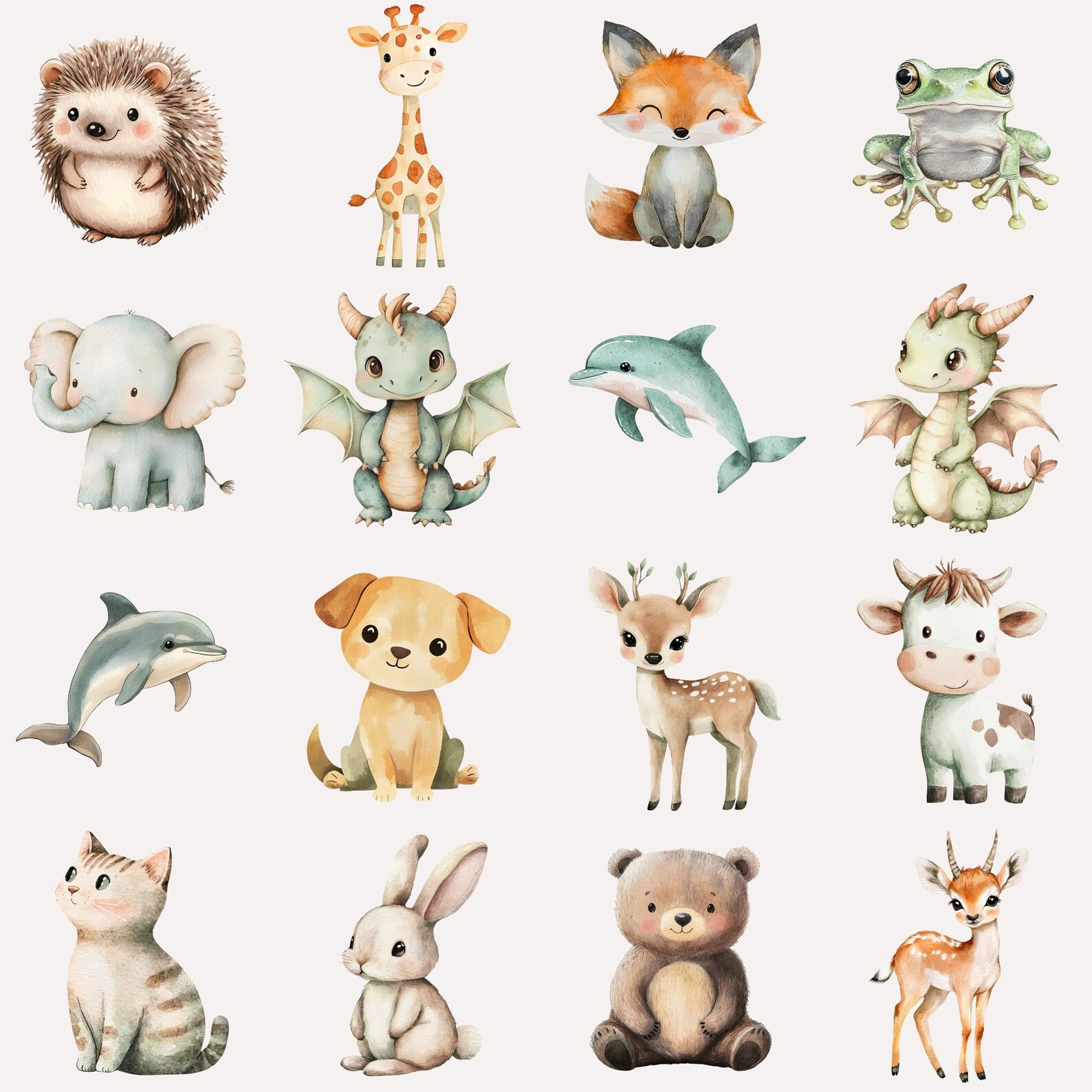 Cute Watercolor Animal Clipart, Instant Download, Adorable Baby Animals ...