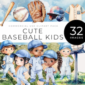 May include: A digital clipart pack of 32 images featuring cute kids playing baseball. The images are in a watercolour style and feature a variety of poses and expressions. The pack includes kids wearing baseball uniforms, holding bats and balls, and playing on a baseball field.