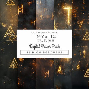 May include: A digital paper pack containing 12 high-resolution JPG images featuring a dark background with gold mystic runes. The text "COMMERCIAL USE MYSTIC RUNES Digital Paper Pack 12 HIGH RES JPEGS" is displayed on a white rectangle.