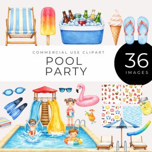 May include: Watercolor illustration with a pool party theme. Includes a blue and white striped beach chair, a popsicle, a cooler with drinks, an ice cream cone, flip-flops, and a pool scene with a waterslide, flamingo float, and other accessories. Text reads "POOL PARTY".