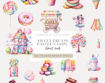 May include: A set of 60 watercolor clipart images featuring pastel-colored candy, sweets, and treats. The images include a candy house, a candy cart, a lollipop, a cupcake, a fairy, a gum ball machine, macarons, ice cream cones, popsicles, cookies, and more.