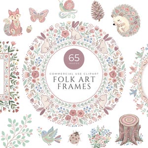 Könnte beinhalten: Eine Sammlung von Volkskunstrahmen und Illustrationen. Das Bild zeigt einen kreisförmigen floralen Rahmen mit Hasen, einem Fuchs, einem Schmetterling, einer Schnecke, einem Igel und anderen Elementen. Der Text lautet "65 Images" und "Folk Art Frames".