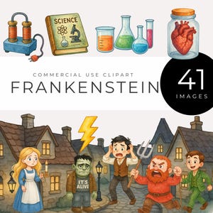 May include: A digital illustration featuring Frankenstein-themed elements. It includes science equipment, a book labeled "Science," and a jar with a heart. The image also shows a village scene with characters and the text "FRANKENSTEIN" and "41 IMAGES."