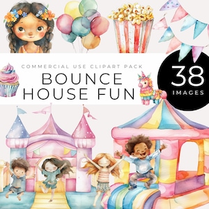 Aquarel Bounce House leuke clipart, instant download, kleurrijke kinderfeestdecoraties, verjaardagsgraphics, digitale download voor uitnodigingen