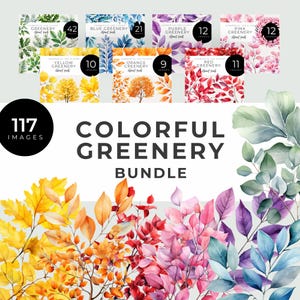 Bundle de cliparts verdure colorée, téléchargement immédiat, aquarelle rose, rouge, violet, orange, jaune, bleu et vert feuilles, feuillage, plantes